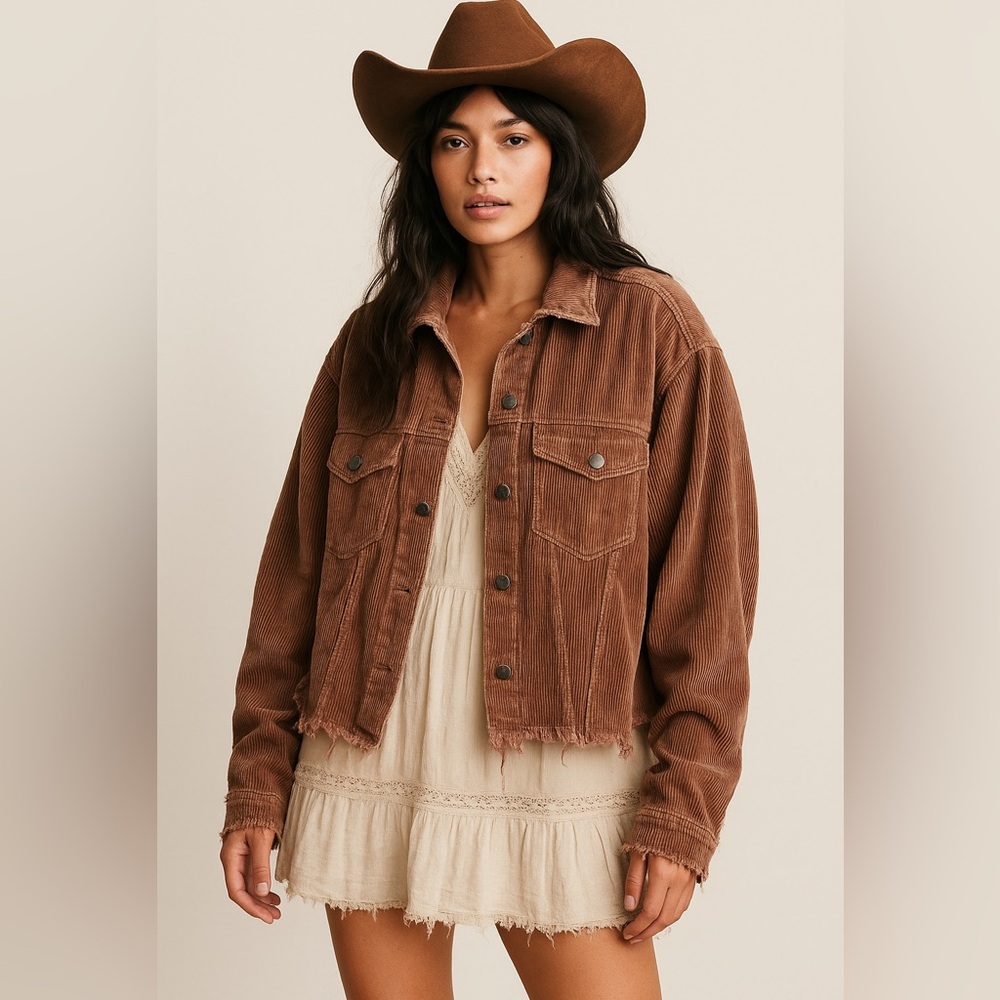 POL Corduroy Button Up Jacket Brown Raw Hem Western Fall Boho Style Women’s M
